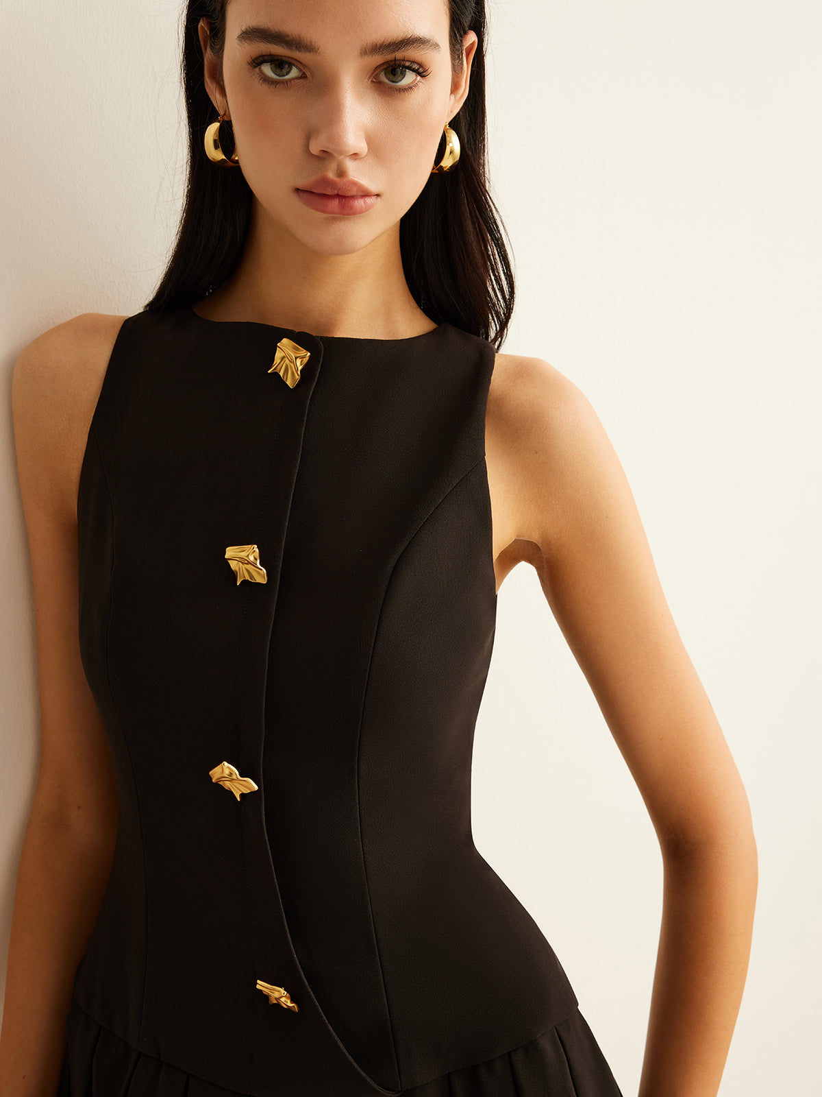 Solange | Pleated Gold Button Dress