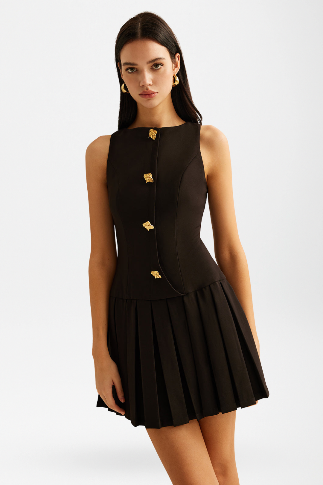 Solange | Pleated Gold Button Dress